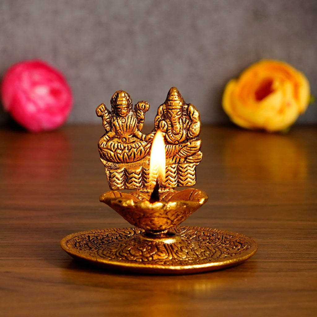 Goddess Laxmi & Lord Ganesha Golden Metal Diya